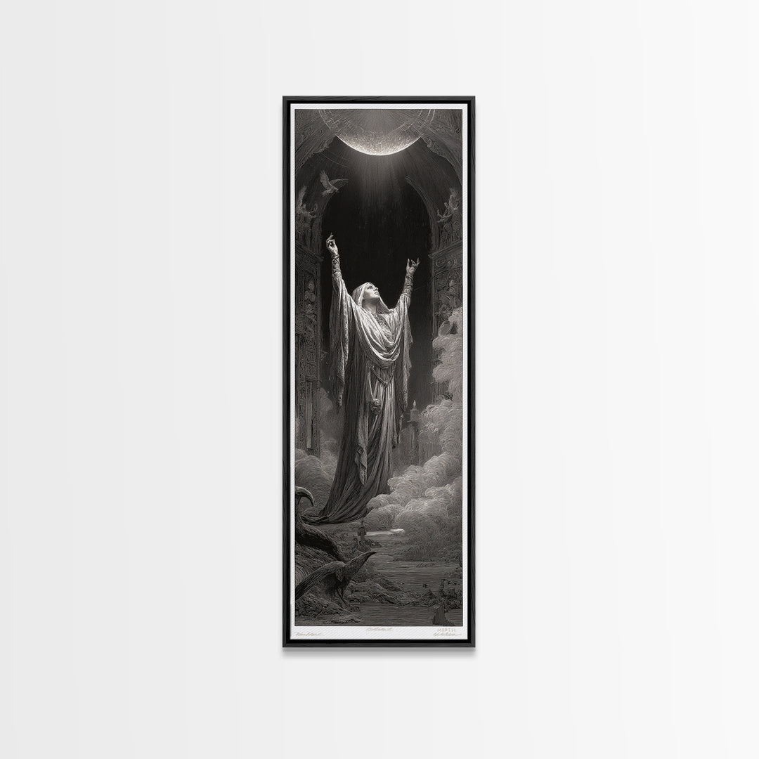 The Moon Priestess, Gothic Engraving Art, Tall Narrow Wall Art, Gothic Horror Wall Art, Canvas Print, Halloween Wall Art