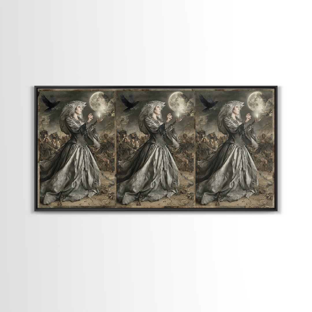 The Moon Priestess, Northern Renaissance Horror, Wide Panoramic Art, Macabre Wall Art, Framed Canvas Print, Halloween Wall Art