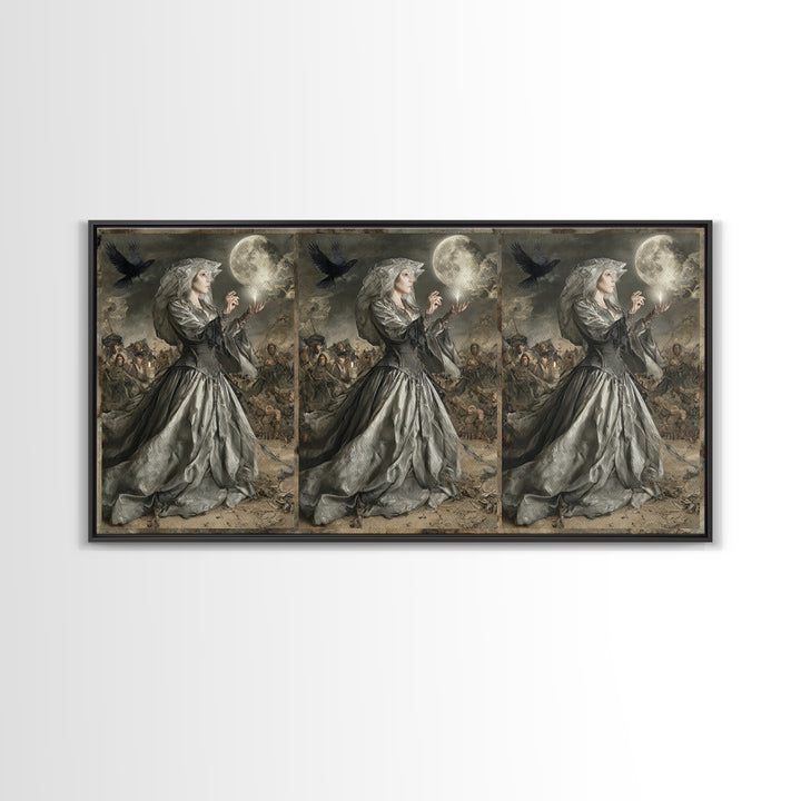 The Moon Priestess, Northern Renaissance Horror, Wide Panoramic Art, Macabre Wall Art, Framed Canvas Print, Halloween Wall Art