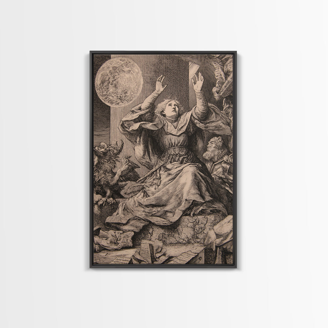 The Moon Priestess, Renaissance Engraving Art, Vertical Wall Art, Macabre Wall Art, Framed Canvas Print, Halloween Wall Art