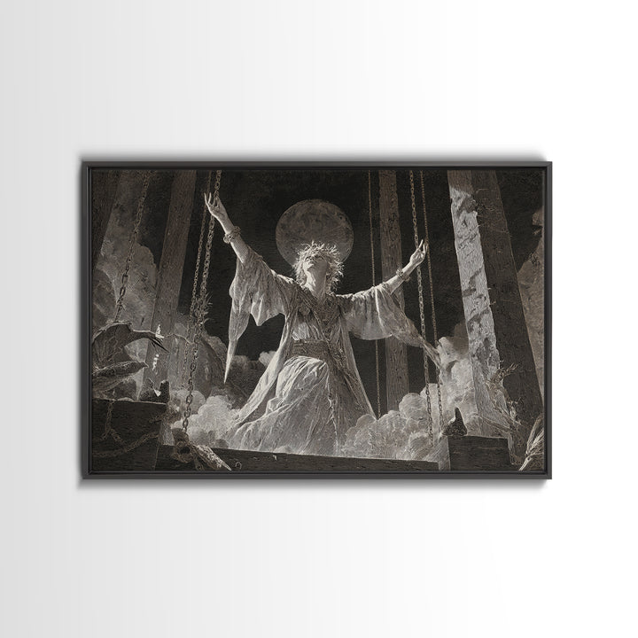 The Moon Priestess, Architectural Etching Art, Landscape Wall Art, Dark Fantasy Wall Art, Canvas Print, Halloween Wall Art