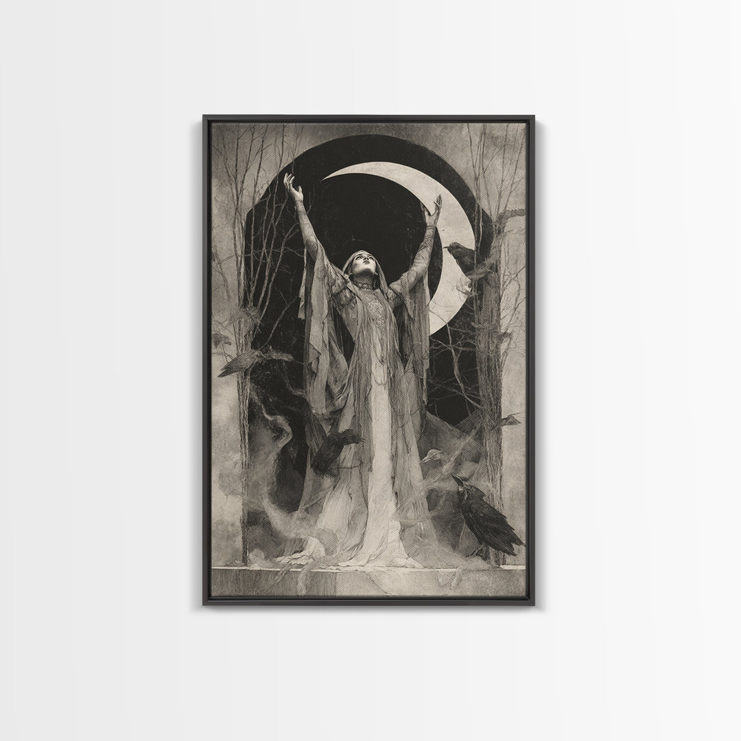 The Moon Priestess, Symbolist Dream Art, Vertical Wall Art, Macabre Wall Art, Framed Canvas Print, Halloween Wall Art
