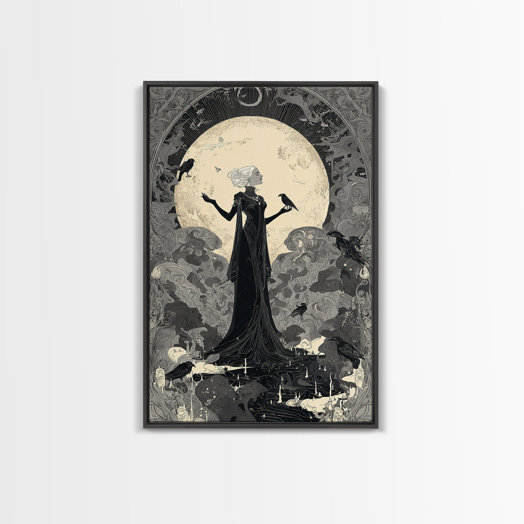 The Moon Priestess, Decadent Line Art, Vertical Wall Art, Gothic Horror Wall Art, Framed Canvas Print, Halloween Wall Art