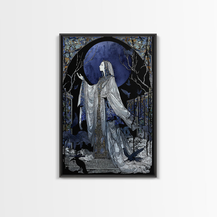 The Moon Priestess, Stained Glass Gothic Art, Vertical Wall Art, Macabre Wall Art, Framed Canvas Print, Halloween Wall Art
