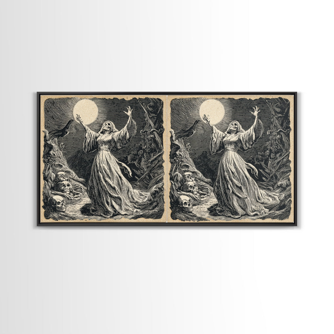 The Moon Priestess, Macabre Folk Print Art, Wide Panoramic Art, Macabre Wall Art, Canvas Print, Halloween Wall Art