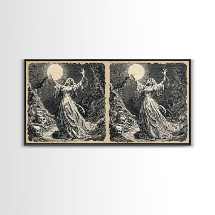 The Moon Priestess, Macabre Folk Print Art, Wide Panoramic Art, Macabre Wall Art, Canvas Print, Halloween Wall Art