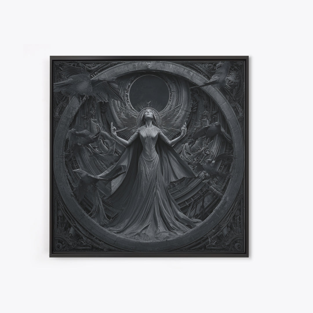 The Moon Priestess, Biomechanical Horror Art, Square Wall Art, Macabre Wall Art, Framed Canvas Print, Halloween Wall Art, Dark Fantasy Art