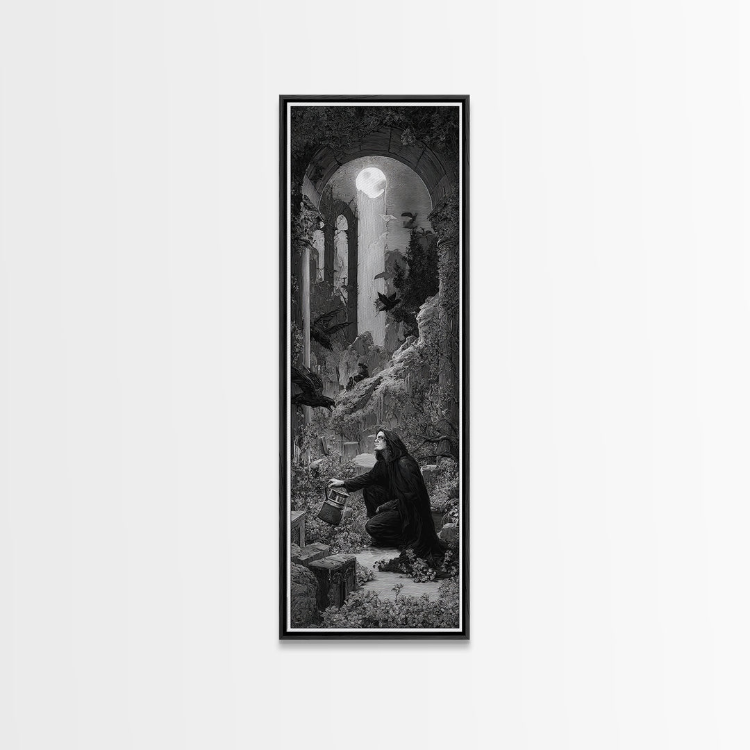 The Graveyard Gardener, Gothic Engraving Art, Tall Narrow Wall Art, Macabre Wall Art, Framed Canvas Print, Halloween Wall Art
