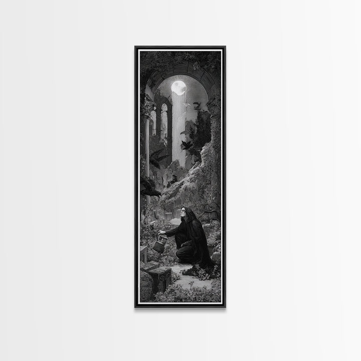 The Graveyard Gardener, Gothic Engraving Art, Tall Narrow Wall Art, Macabre Wall Art, Framed Canvas Print, Halloween Wall Art