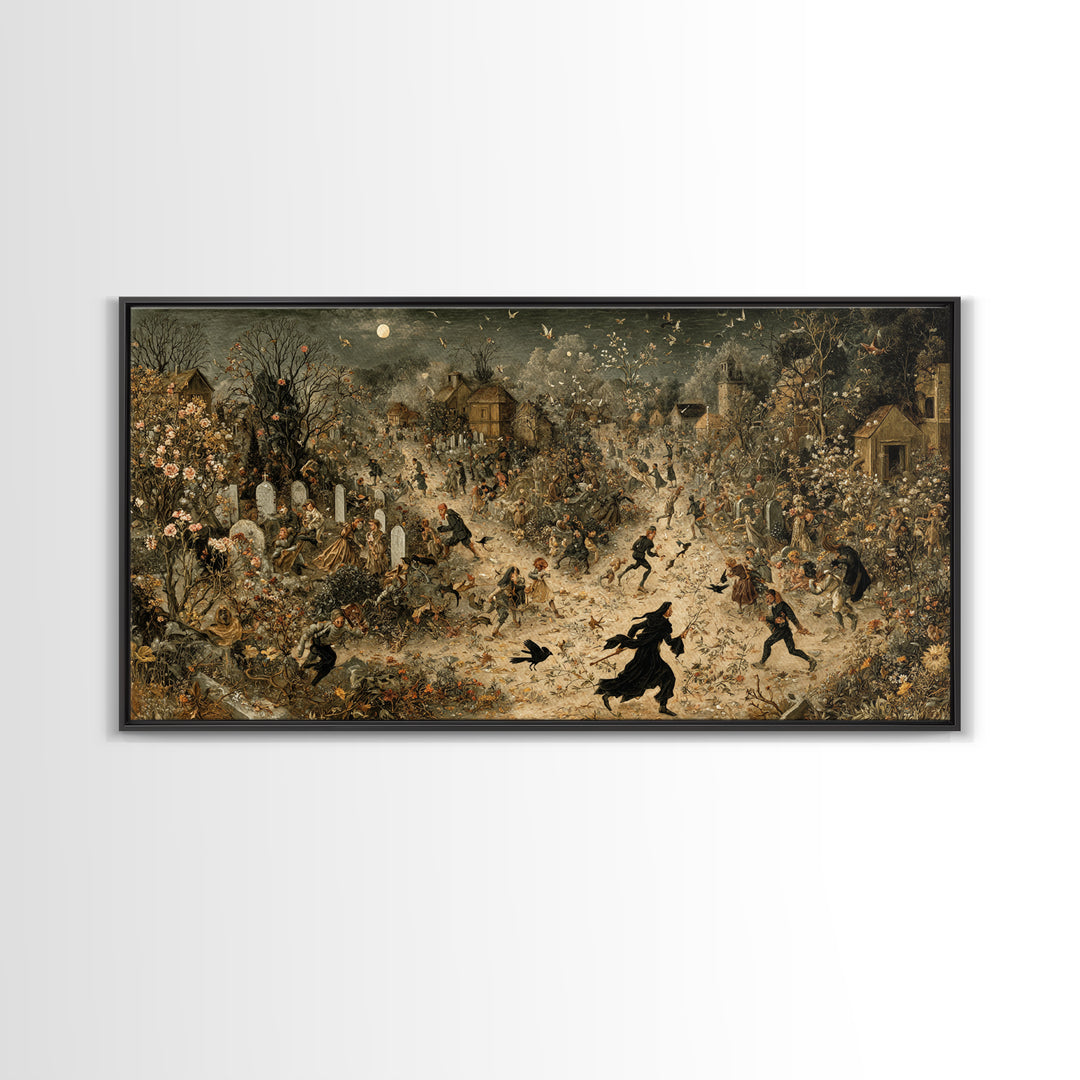 The Graveyard Gardener, Northern Renaissance Horror, Wide Panoramic Art, Gothic Horror Wall Art, Canvas Print, Halloween Wall Art