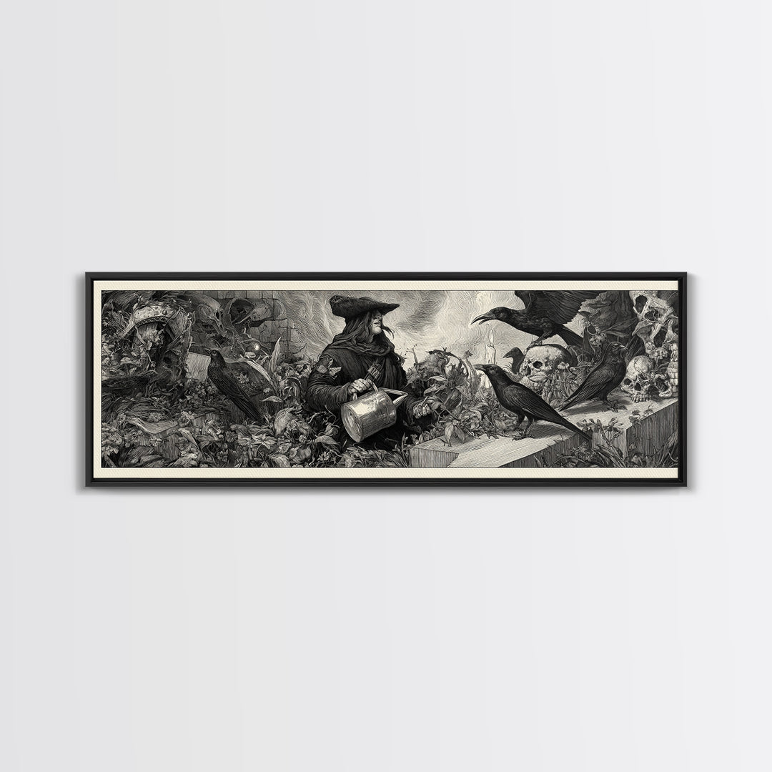 The Graveyard Gardener, Renaissance Engraving Art, Extra Wide Wall Art, Gothic Horror Wall Art, Canvas Print, Halloween Wall Art