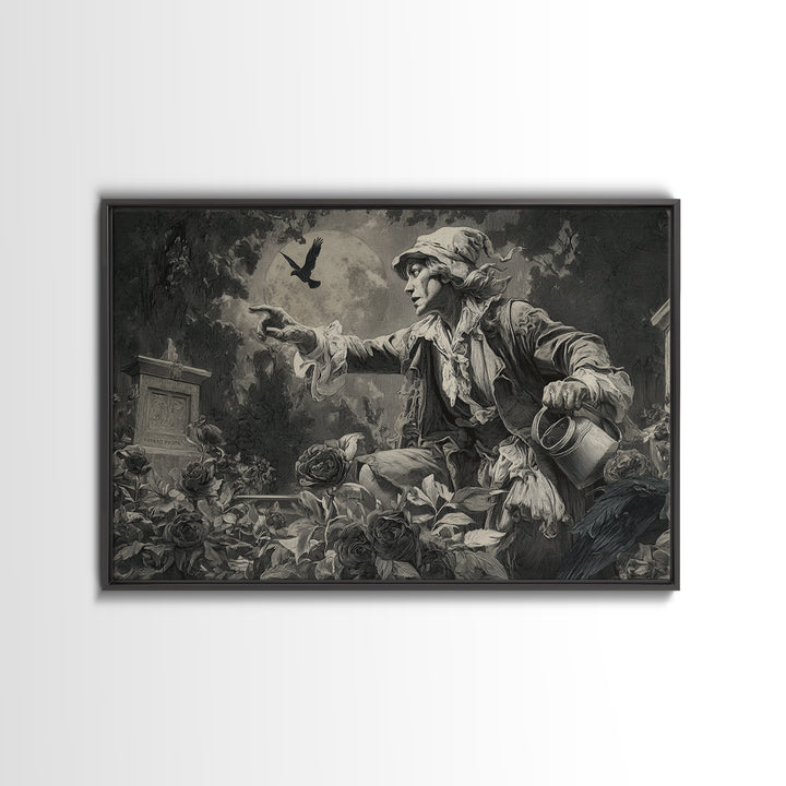 The Graveyard Gardener, Symbolist Etching Art, Landscape Wall Art, Dark Halloween Decor, Canvas Print, Halloween Wall Art