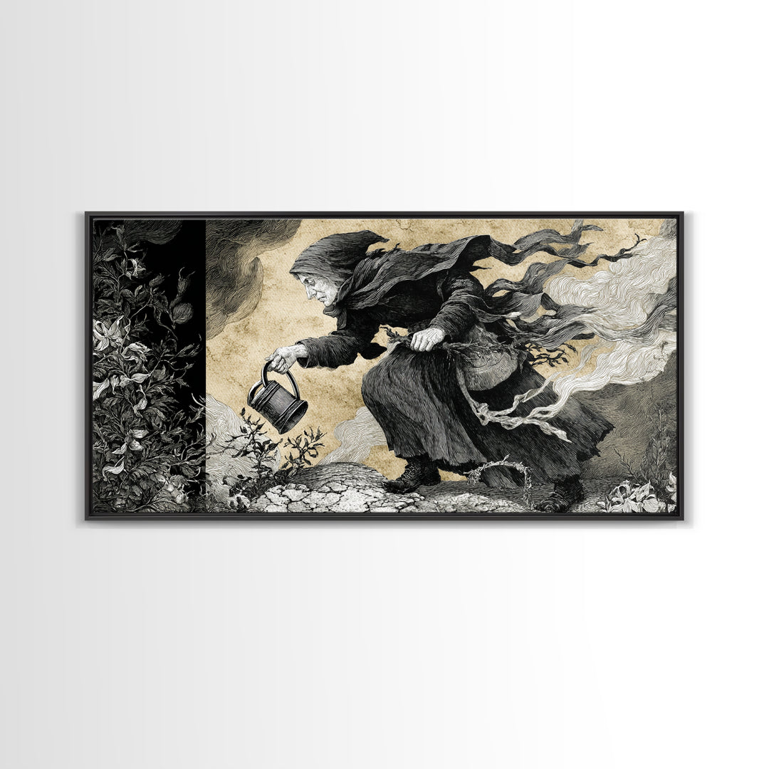 The Graveyard Gardener, Expressionist Nightmare Art, Wide Panoramic Art, Dark Fantasy Wall Art, Framed Canvas Print, Halloween Wall Art