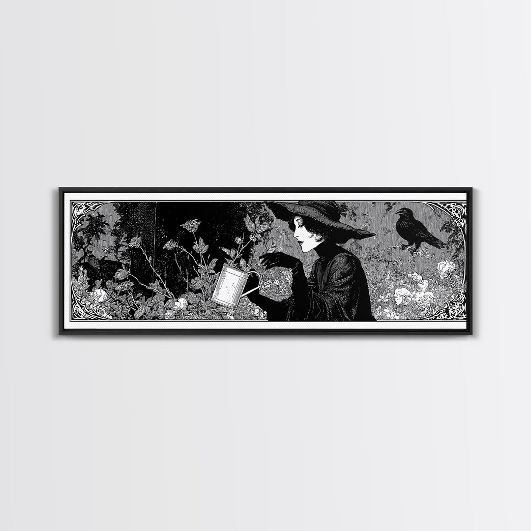 The Graveyard Gardener, Decadent Line Art, Extra Wide Wall Art, Gothic Horror Wall Art, Framed Canvas Print, Halloween Wall Art