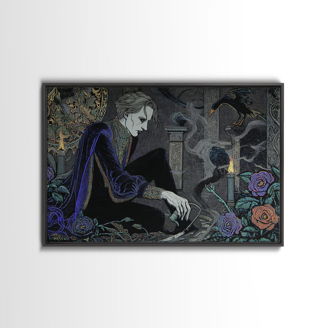 The Graveyard Gardener, Stained Glass Gothic Art, Landscape Wall Art, Macabre Wall Art, Framed Canvas Print, Halloween Wall Art