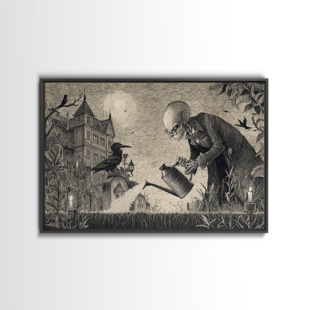 The Graveyard Gardener, Victorian Macabre Art, Landscape Wall Art, Dark Halloween Decor, Framed Canvas Print, Halloween Wall Art
