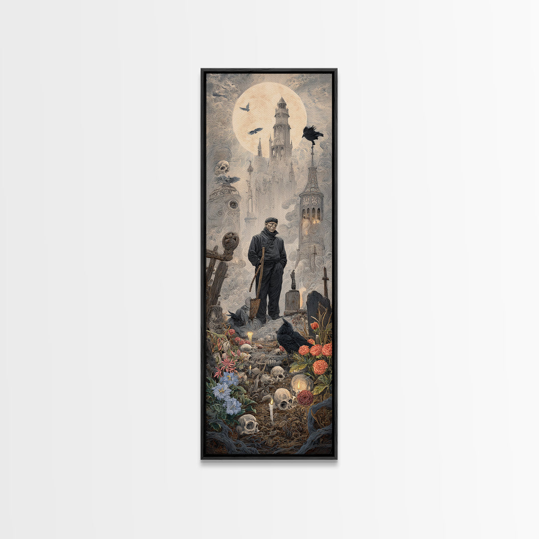 The Graveyard Gardener, Surreal Apocalyptic Art, Tall Narrow Wall Art, Dark Halloween Decor, Canvas Print, Halloween Wall Art