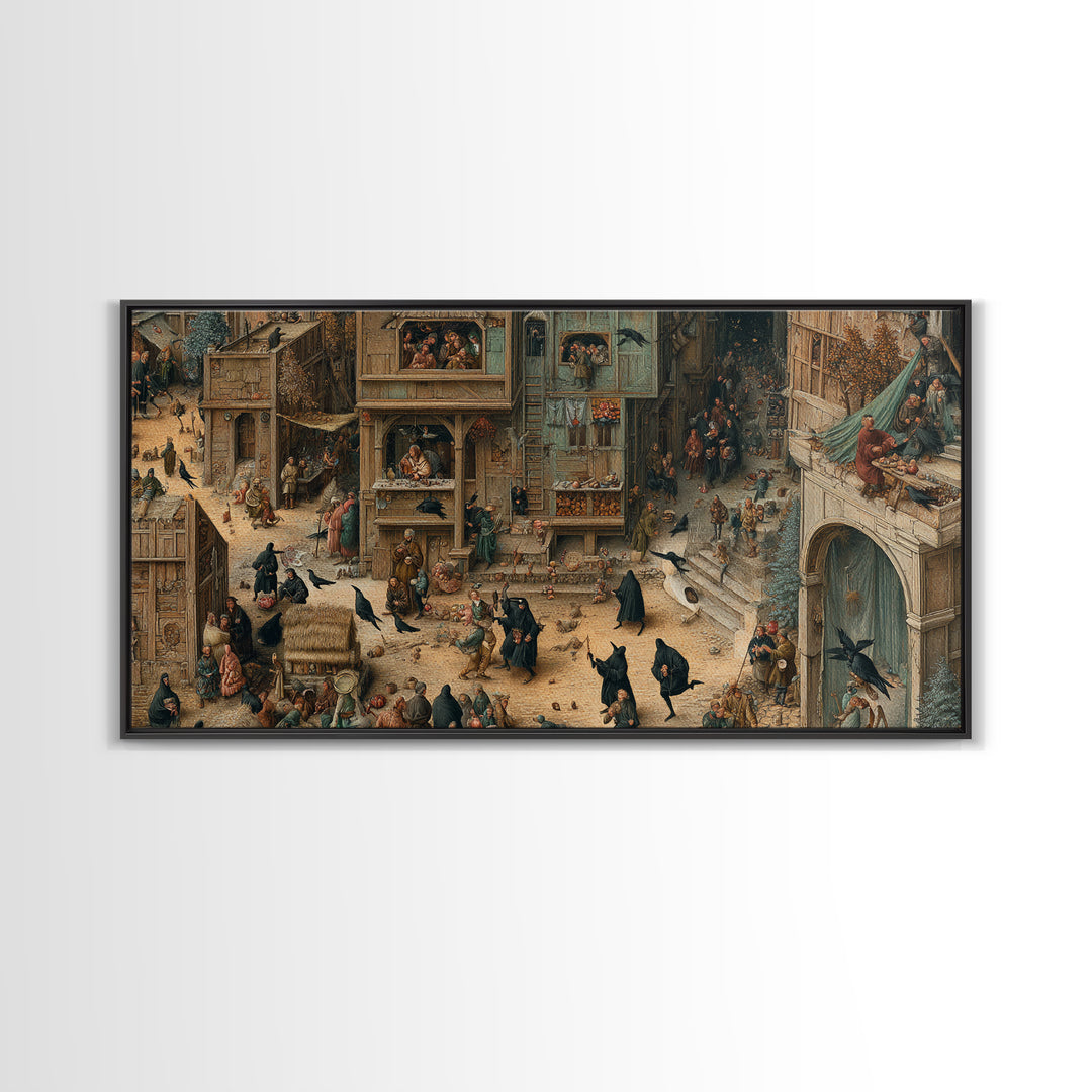 The Crow-Masked Assassin, Northern Renaissance Horror, Wide Panoramic Art, Macabre Wall Art, Framed Canvas Print