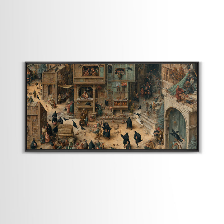 The Crow-Masked Assassin, Northern Renaissance Horror, Wide Panoramic Art, Macabre Wall Art, Framed Canvas Print