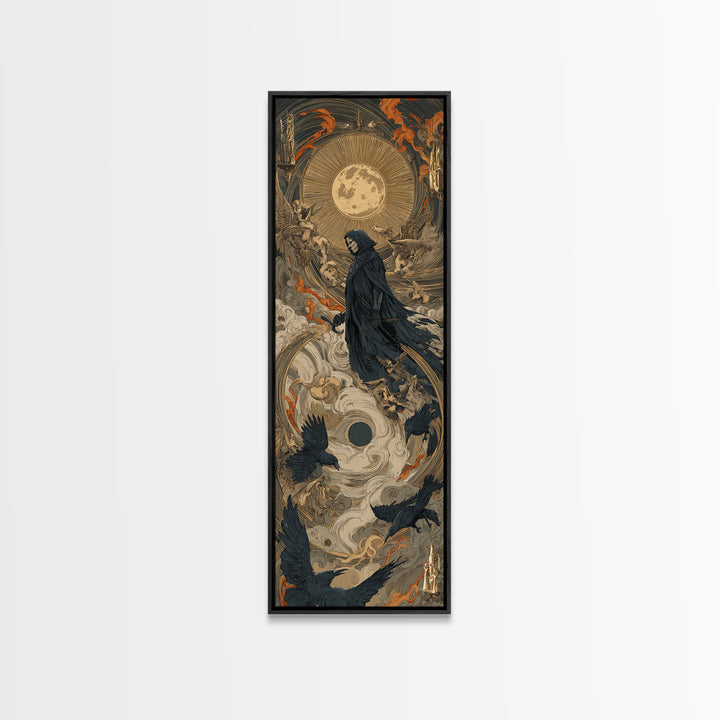 The Crow-Masked Assassin, Visionary Gothic Art, Tall Narrow Wall Art, Dark Halloween Decor, Framed Canvas Print, Halloween Wall Art