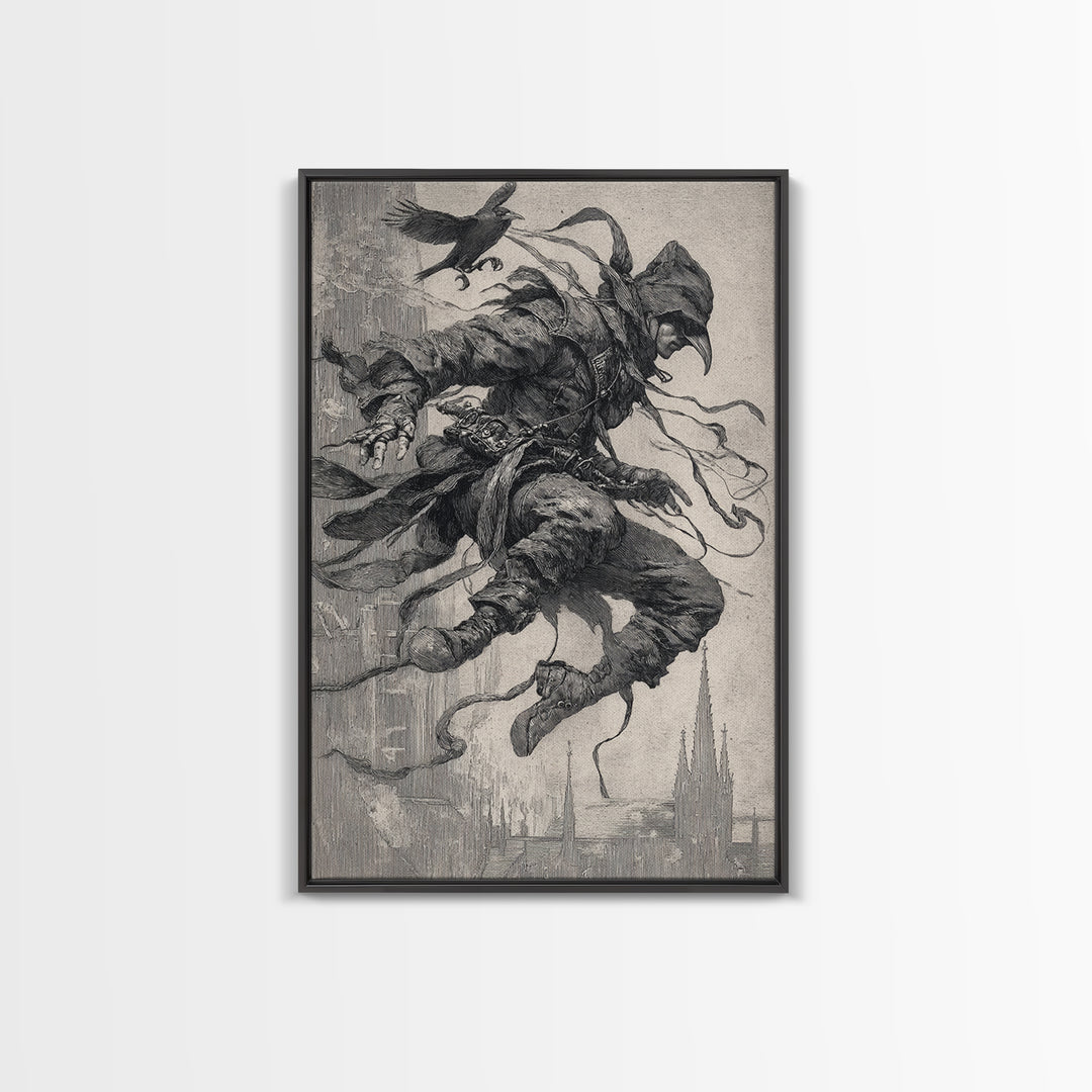 The Crow-Masked Assassin, Symbolist Etching Art, Vertical Wall Art, Dark Halloween Decor, Canvas Print, Halloween Wall Art