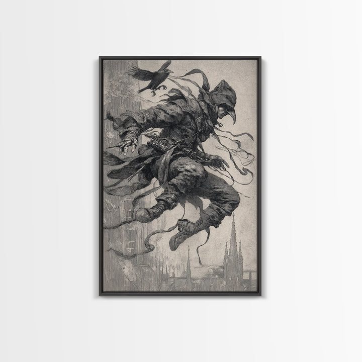 The Crow-Masked Assassin, Symbolist Etching Art, Vertical Wall Art, Dark Halloween Decor, Canvas Print, Halloween Wall Art