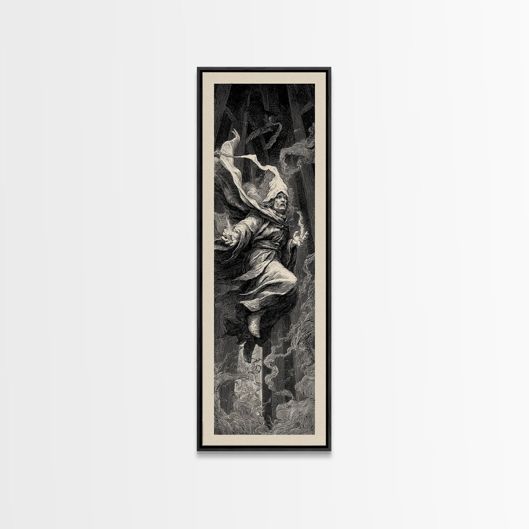 The Lantern Mage, Gothic Engraving Art, Tall Narrow Wall Art, Macabre Wall Art, Framed Canvas Print, Halloween Wall Art