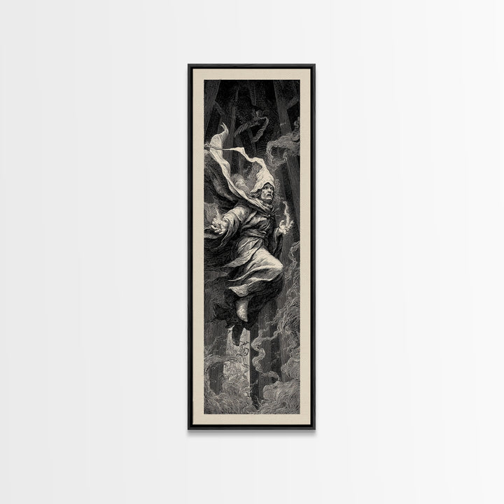 The Lantern Mage, Gothic Engraving Art, Tall Narrow Wall Art, Macabre Wall Art, Framed Canvas Print, Halloween Wall Art