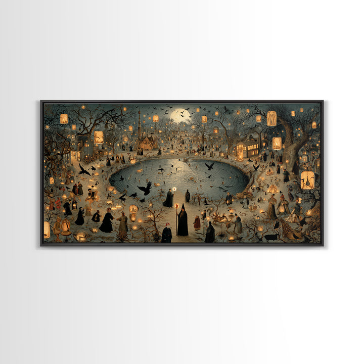 The Lantern Mage, Northern Renaissance Horror, Wide Panoramic Art, Dark Halloween Decor, Canvas Print, Halloween Wall Art