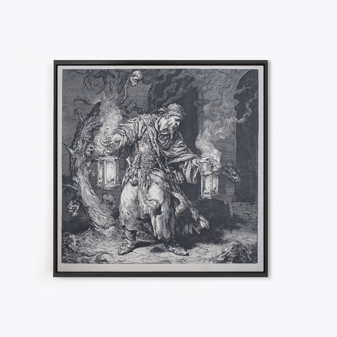 The Lantern Mage, Renaissance Engraving Art, Square Wall Art, Dark Halloween Decor, Canvas Print, Halloween Wall Art