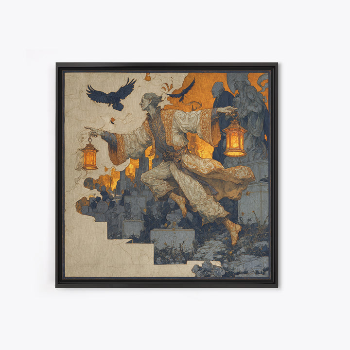 The Lantern Mage, Symbolist Death Art, Square Wall Art, Macabre Wall Art, Framed Canvas Print, Halloween Wall Art, Halloween Decor