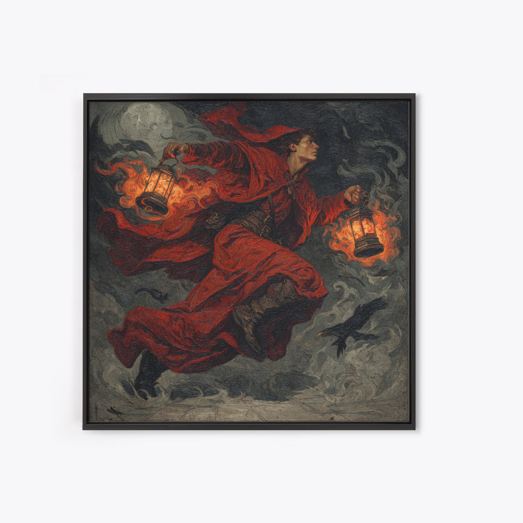 The Lantern Mage, Dark Symbolist Art, Square Wall Art, Dark Halloween Decor, Framed Canvas Print, Halloween Wall Art