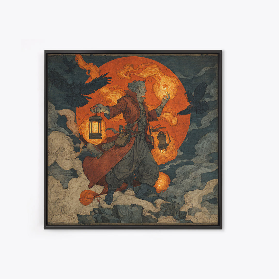 The Lantern Mage, Symbolist Etching Art, Square Wall Art, Gothic Horror Wall Art, Canvas Print, Halloween Wall Art, Gothic Home Decor