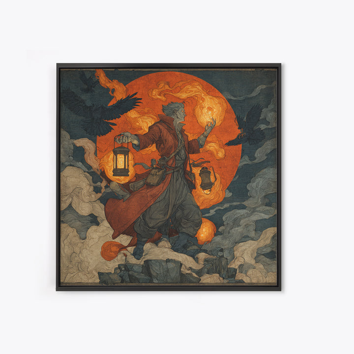 The Lantern Mage, Symbolist Etching Art, Square Wall Art, Gothic Horror Wall Art, Canvas Print, Halloween Wall Art, Gothic Home Decor