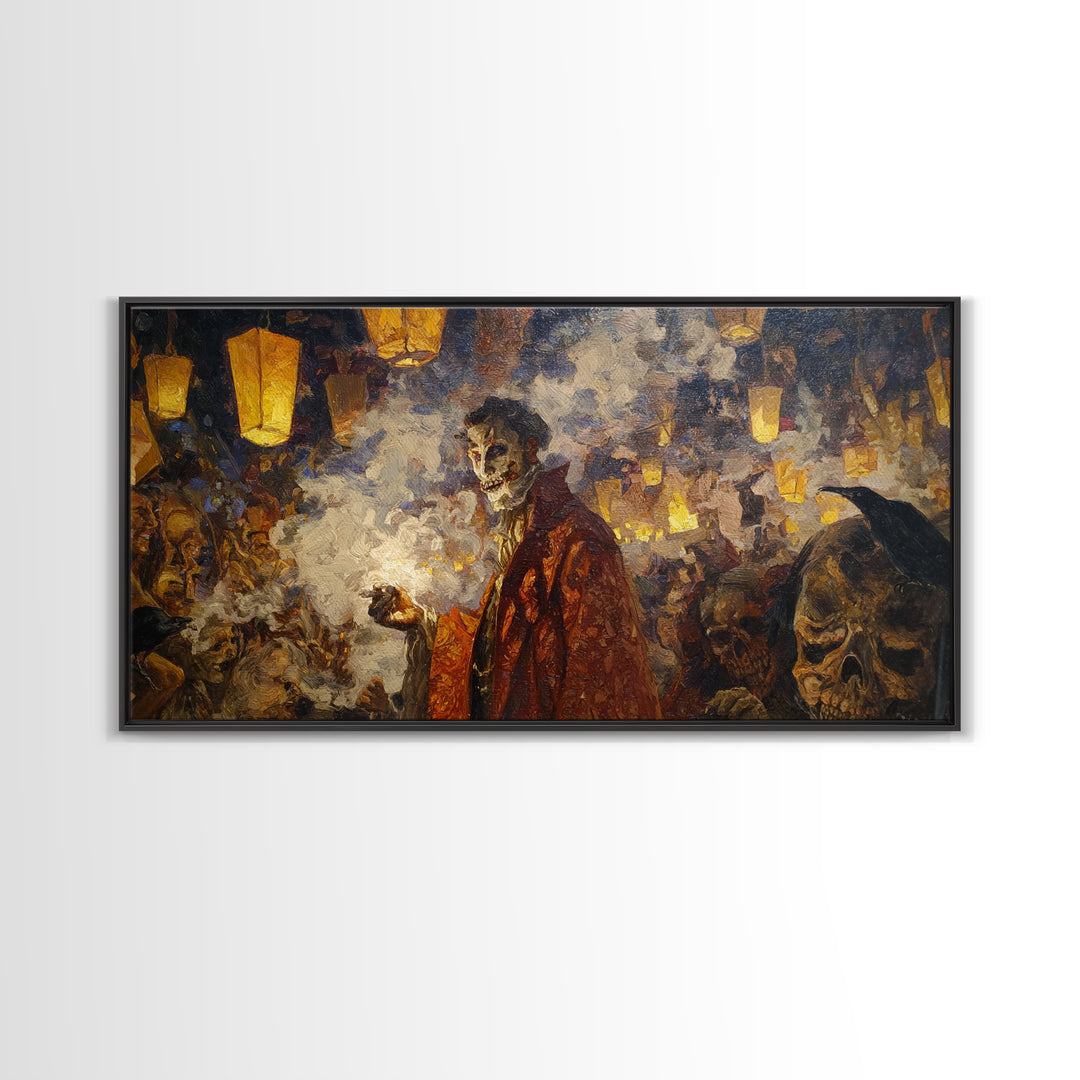 The Lantern Mage, Grotesque Carnival Art, Wide Panoramic Art, Dark Halloween Decor, Framed Canvas Print, Halloween Wall Art