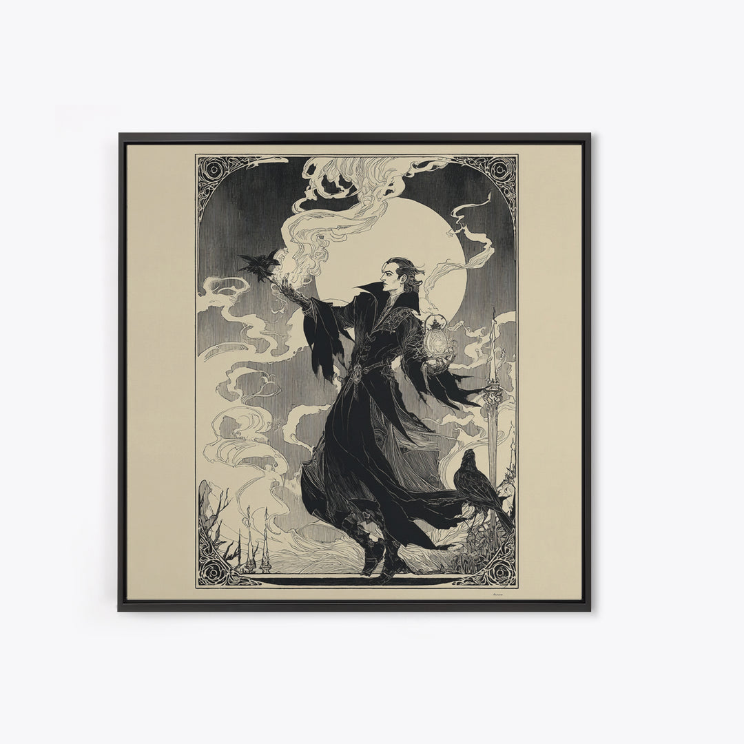 The Lantern Mage, Decadent Line Art, Square Wall Art, Macabre Wall Art, Canvas Print, Halloween Wall Art, Dark Fantasy Art