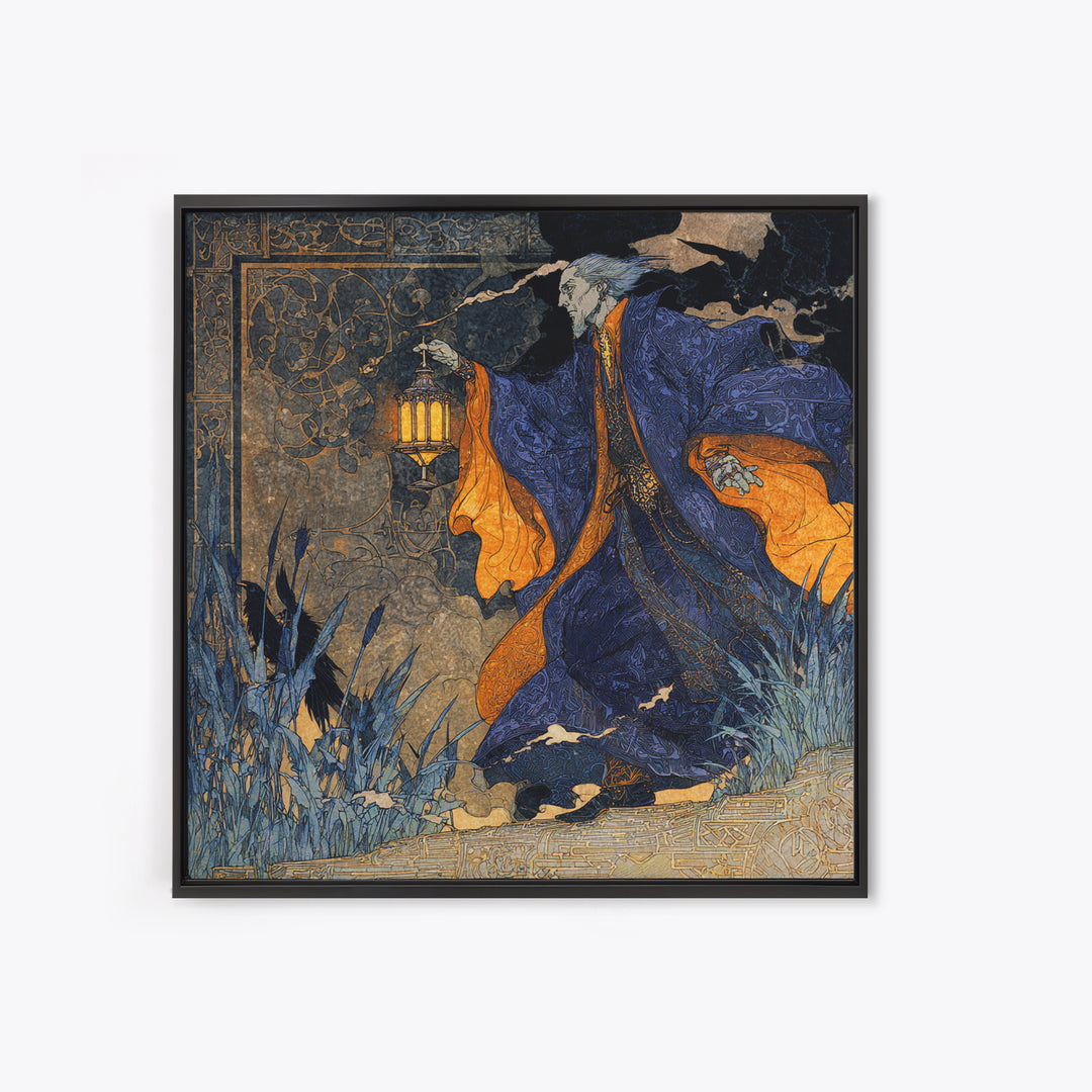 The Lantern Mage, Stained Glass Gothic Art, Square Wall Art, Dark Halloween Decor, Canvas Print, Halloween Wall Art, Gothic Home Decor