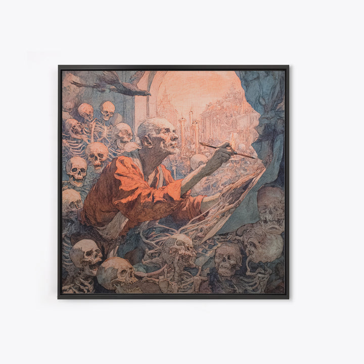 The Bone Sculptor, Grotesque Carnival Art, Square Wall Art, Dark Fantasy Wall Art, Framed Canvas Print, Halloween Wall Art