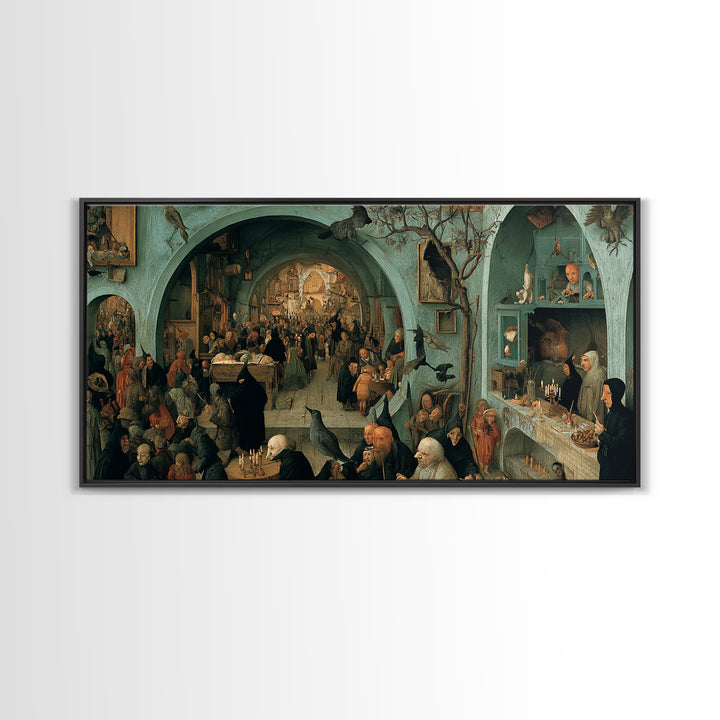 The Dream Eater, Northern Renaissance Horror, Wide Panoramic Art, Dark Halloween Decor, Framed Canvas Print, Halloween Wall Art