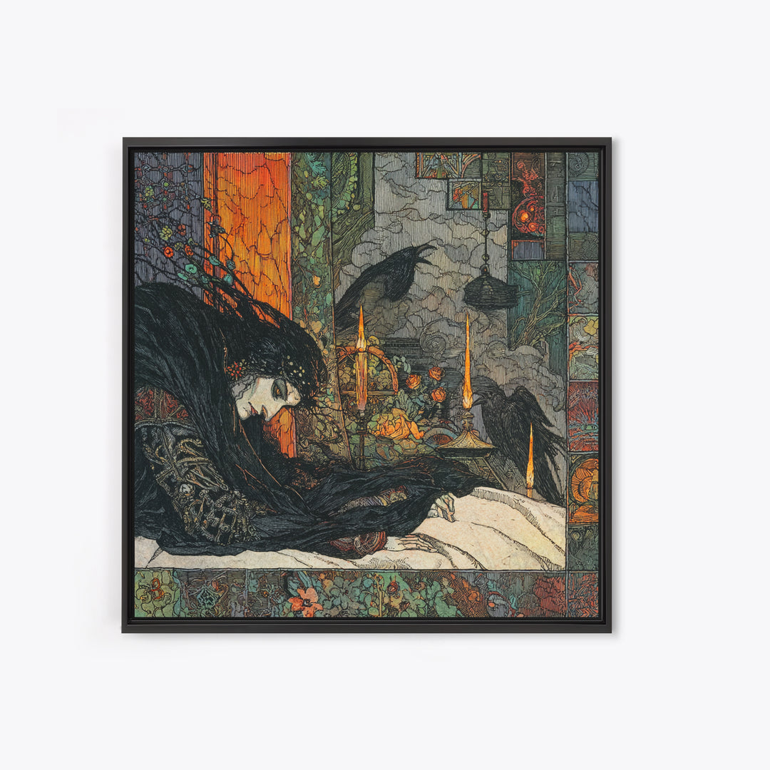 The Dream Eater, Stained Glass Gothic Art, Square Wall Art, Macabre Wall Art, Framed Canvas Print, Halloween Wall Art, Gothic Home Decor