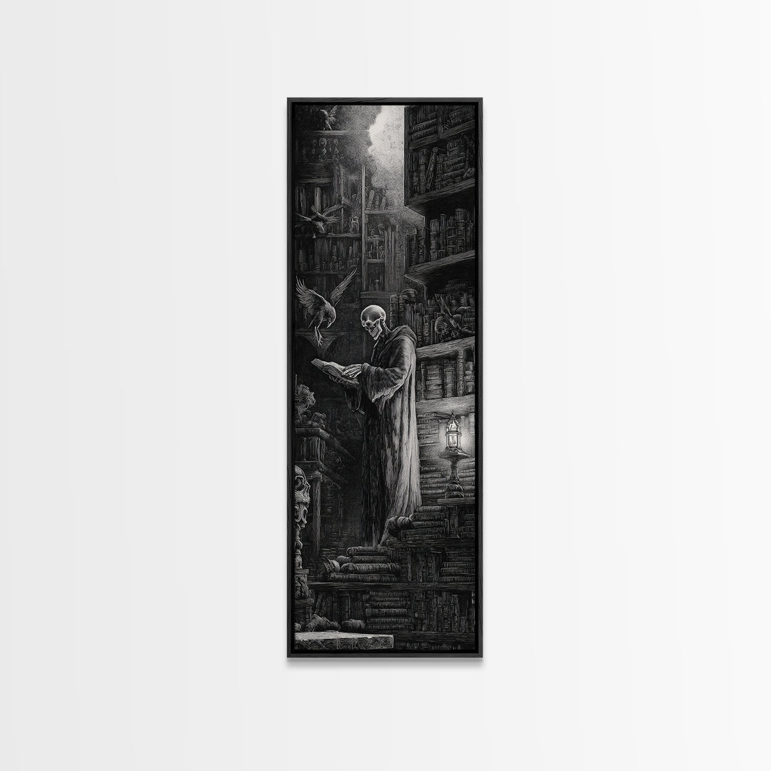 The Crypt Librarian, Gothic Engraving Art, Tall Narrow Wall Art, Gothic Horror Wall Art, Canvas Print, Halloween Wall Art