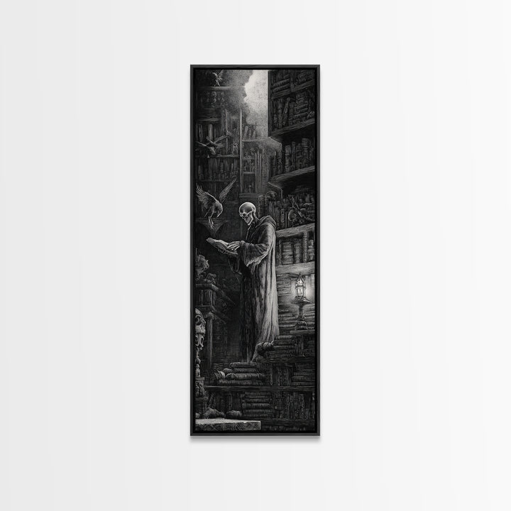 The Crypt Librarian, Gothic Engraving Art, Tall Narrow Wall Art, Gothic Horror Wall Art, Canvas Print, Halloween Wall Art