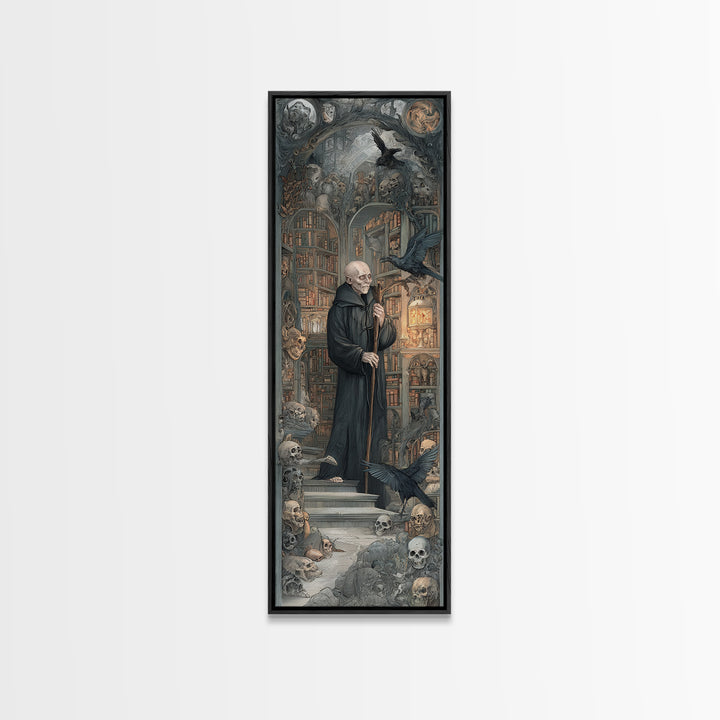 The Crypt Librarian, Medieval Grotesque Art, Tall Narrow Wall Art, Gothic Horror Wall Art, Framed Canvas Print, Halloween Wall Art