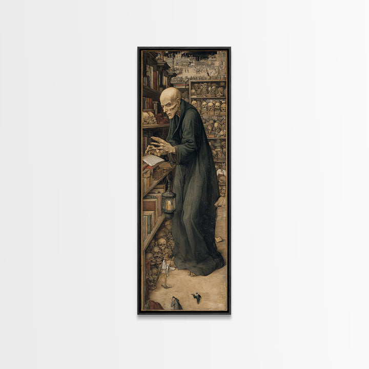 The Crypt Librarian, Northern Renaissance Horror, Tall Narrow Wall Art, Dark Fantasy Wall Art, Canvas Print, Halloween Wall Art