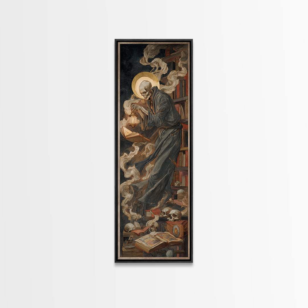 The Crypt Librarian, Dark Renaissance Art, Tall Narrow Wall Art, Dark Halloween Decor, Canvas Print, Halloween Wall Art