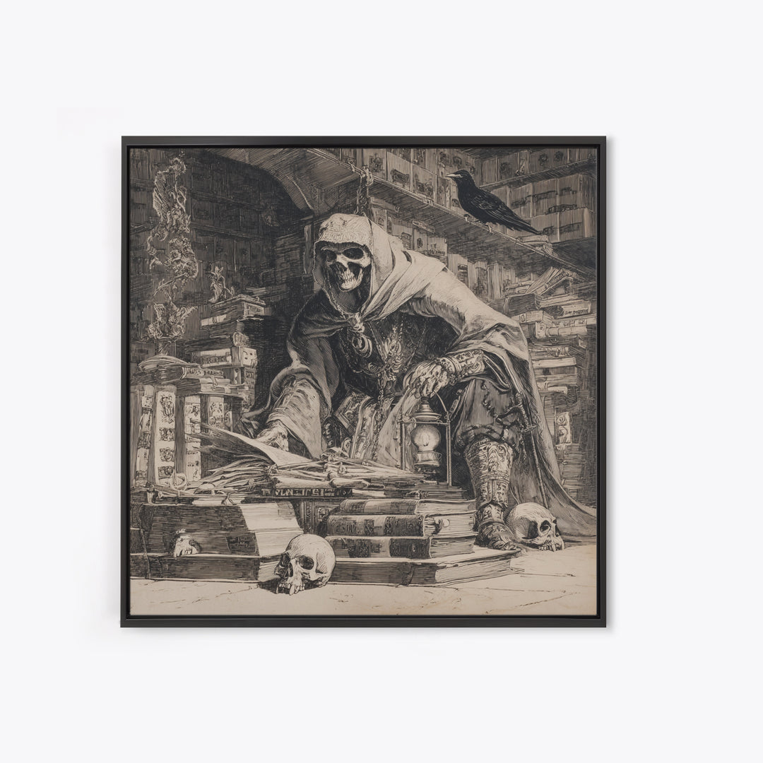 The Crypt Librarian, Renaissance Engraving Art, Square Wall Art, Dark Halloween Decor, Framed Canvas Print, Halloween Wall Art