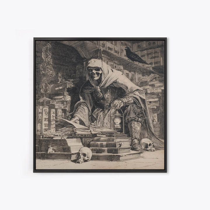 The Crypt Librarian, Renaissance Engraving Art, Square Wall Art, Dark Halloween Decor, Framed Canvas Print, Halloween Wall Art