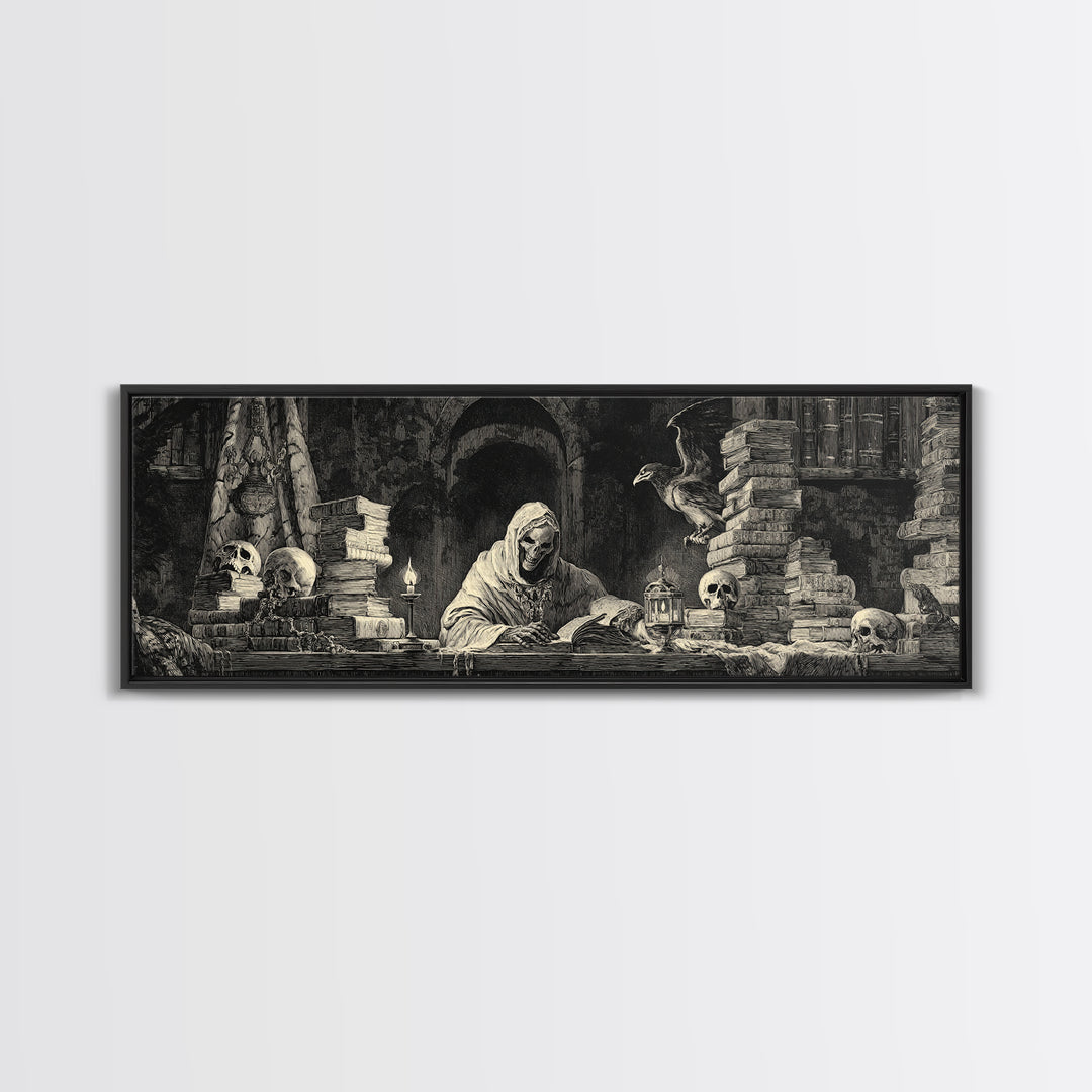 The Crypt Librarian, Dark Romantic Horror Art, Extra Wide Wall Art, Macabre Wall Art, Framed Canvas Print, Halloween Wall Art