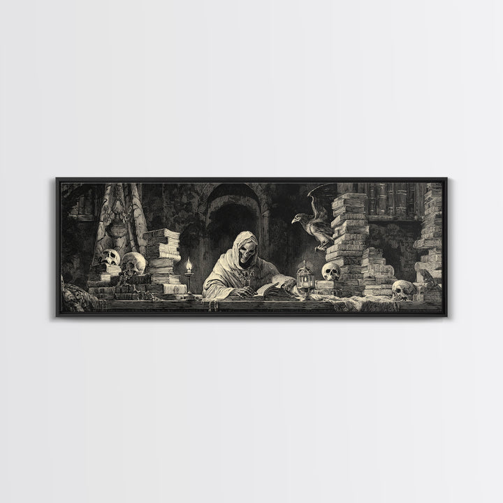 The Crypt Librarian, Dark Romantic Horror Art, Extra Wide Wall Art, Macabre Wall Art, Framed Canvas Print, Halloween Wall Art