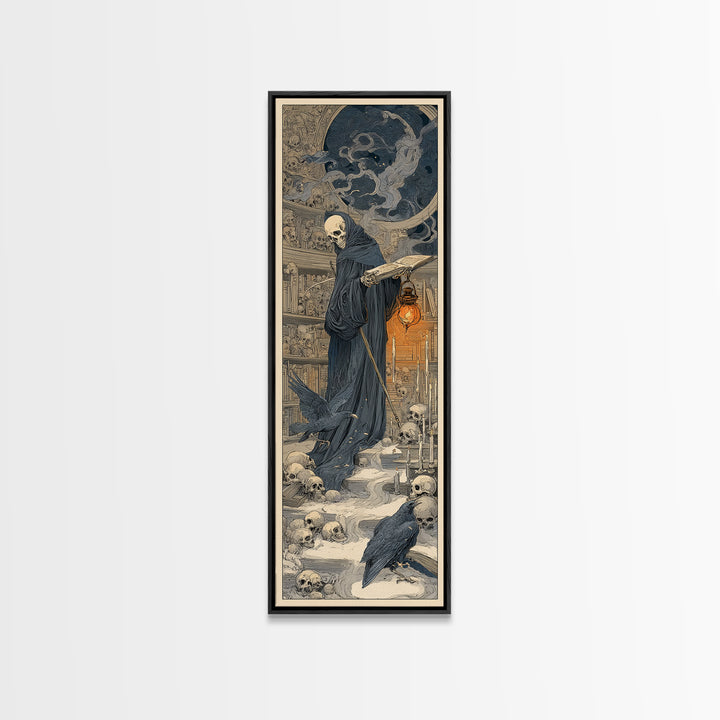 The Crypt Librarian, Symbolist Death Art, Tall Narrow Wall Art, Dark Halloween Decor, Framed Canvas Print, Halloween Wall Art